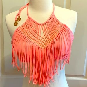 Luli Fama fringe bikini top in coral - NWOT